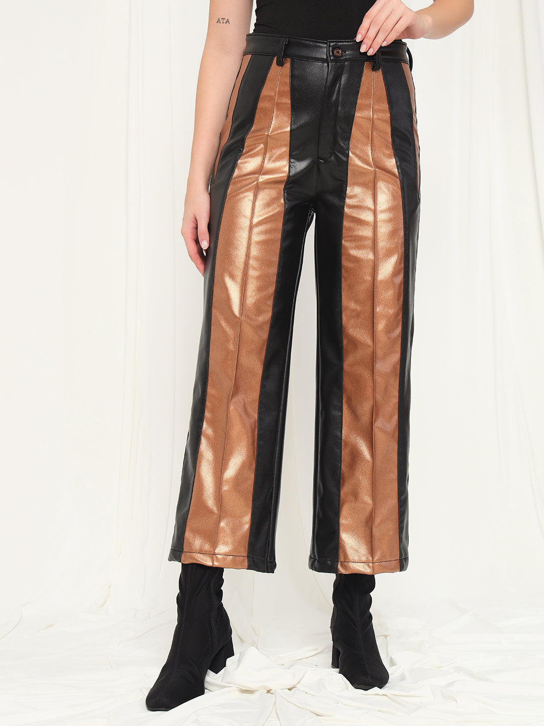 TANDUL  Women Regular Fit Gold Faux Leather Trousers