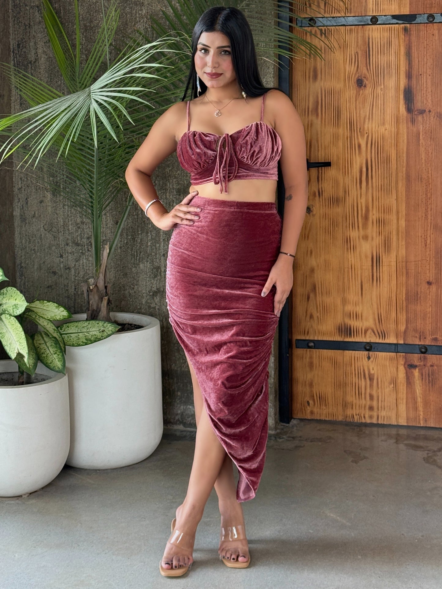 TANDUL Women Stunning Burgundy Velvet Co-ord Set