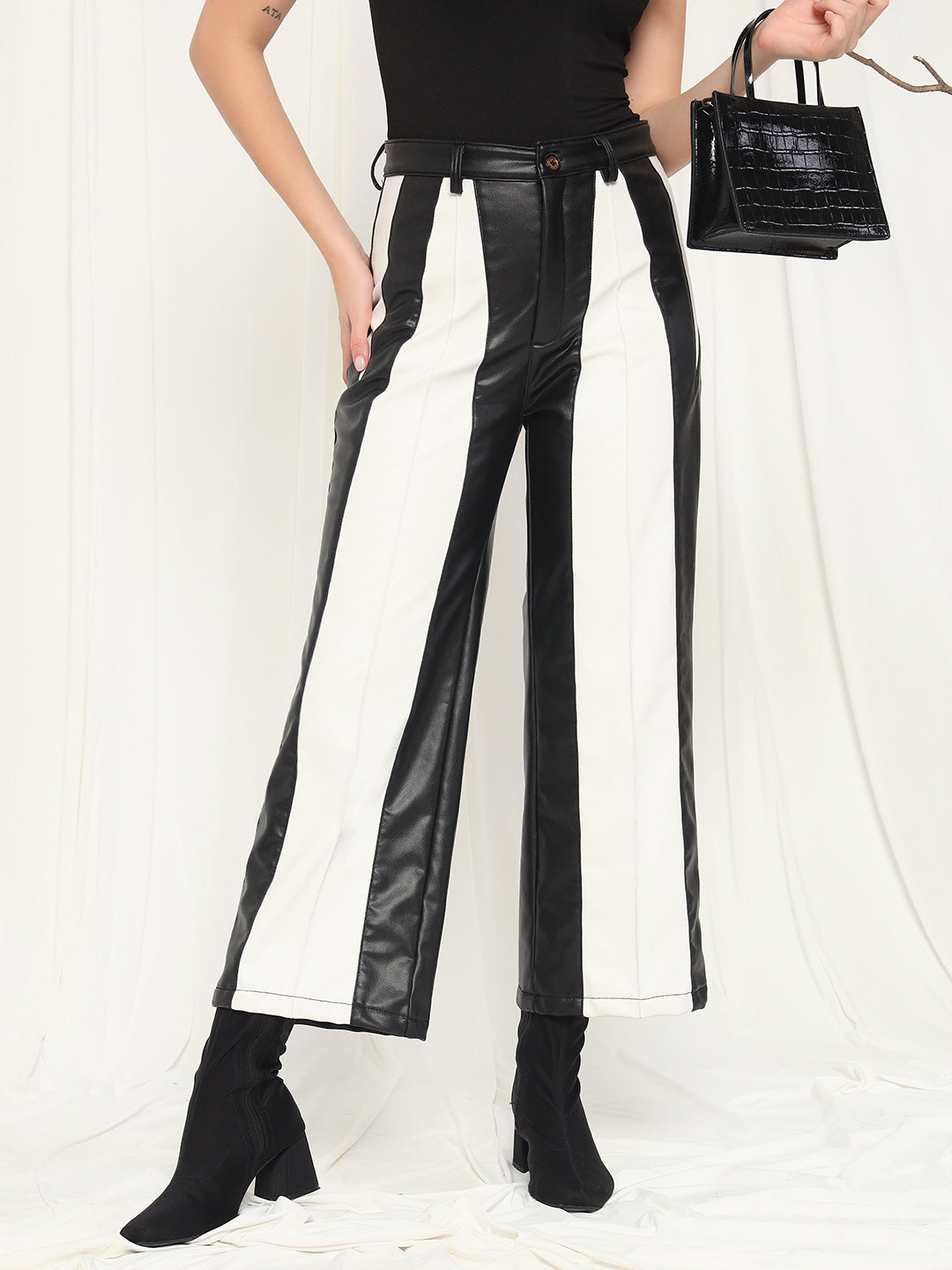 TANDUL  Women Regular Fit Black Faux Leather Trousers