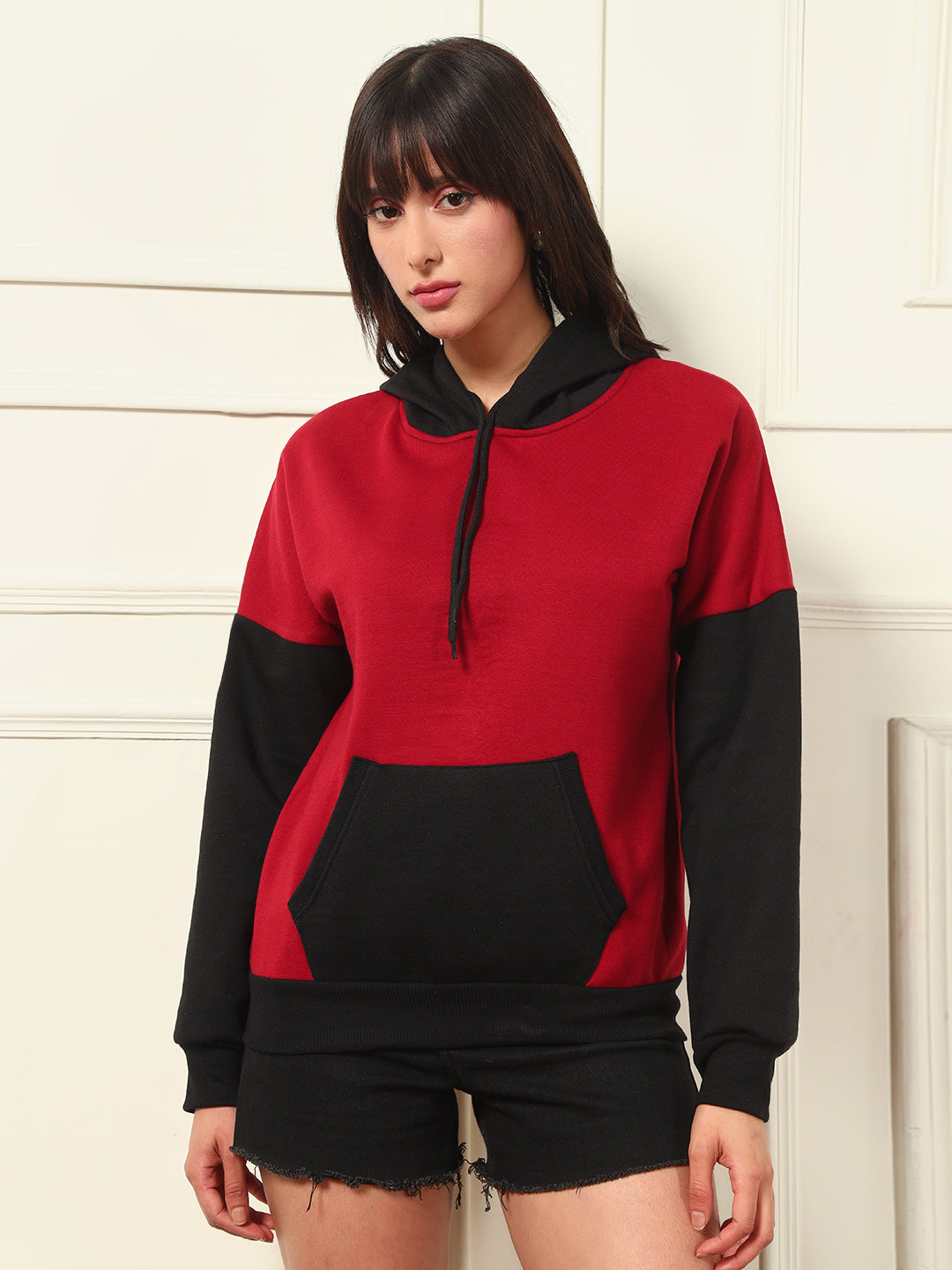 TANDUL Women Stylish Maroon and Black Hoodie
