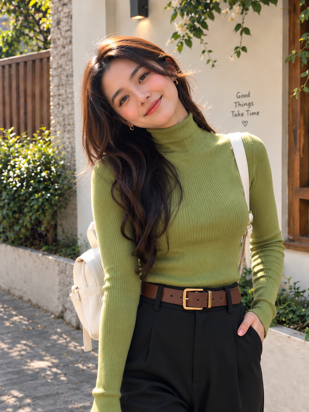 TANDUL Women Matcha Green Ribbed Knit Turtleneck Sweater