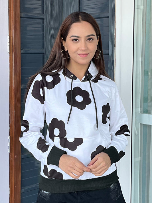 TANDUL Women Black and White Floral Hoodie