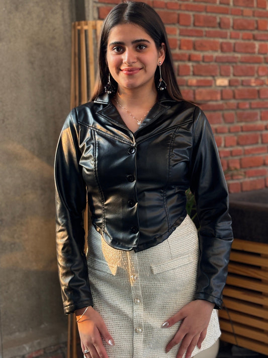 TANDUL Women Sleek Black Crop Leather Jacket