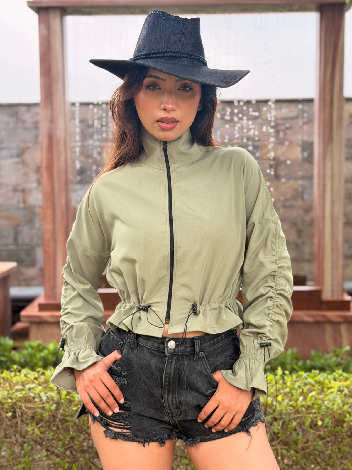 TANDUL Women Olive Green Windbreaker Jacket