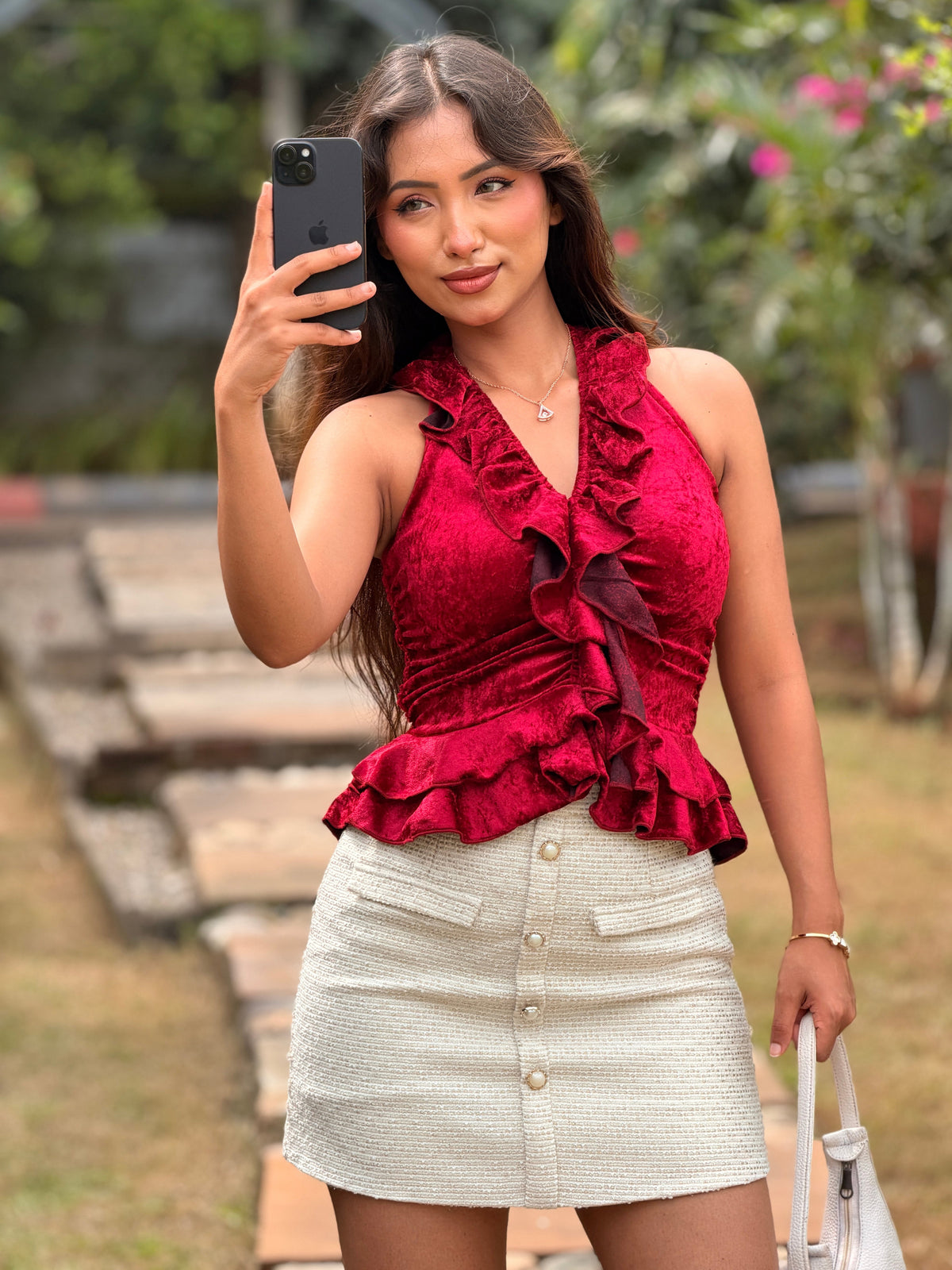TANDUL Women Vintage Crimson Crushed Velvet Ruffle Halter Top
