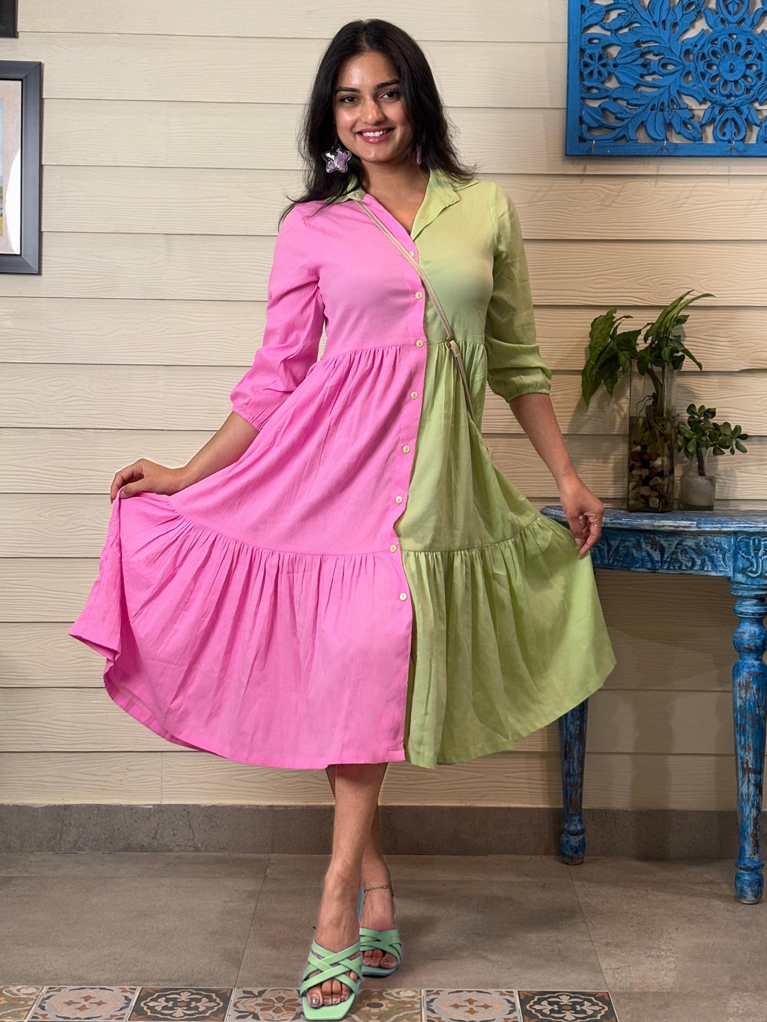 TANDUL Women Pink and Green Flared Dress