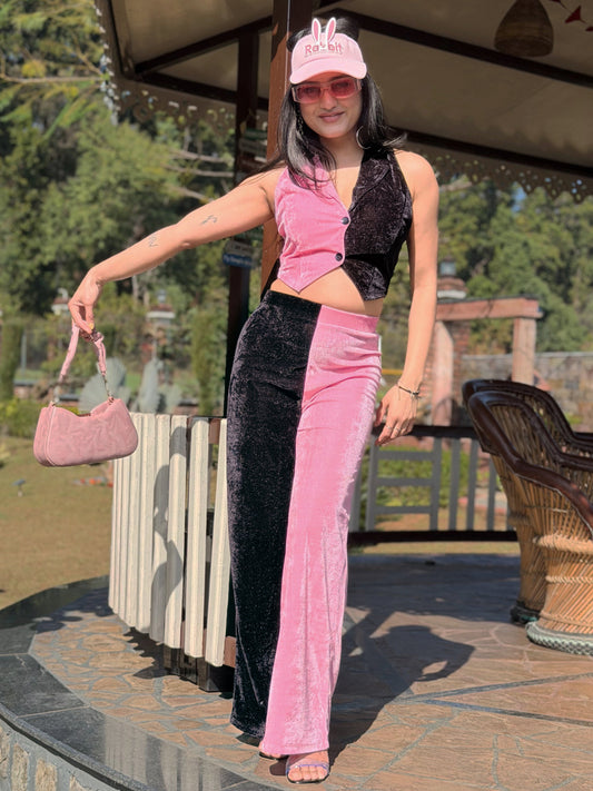 TANDUL Women Pink and Black Velvet Co-ord Set