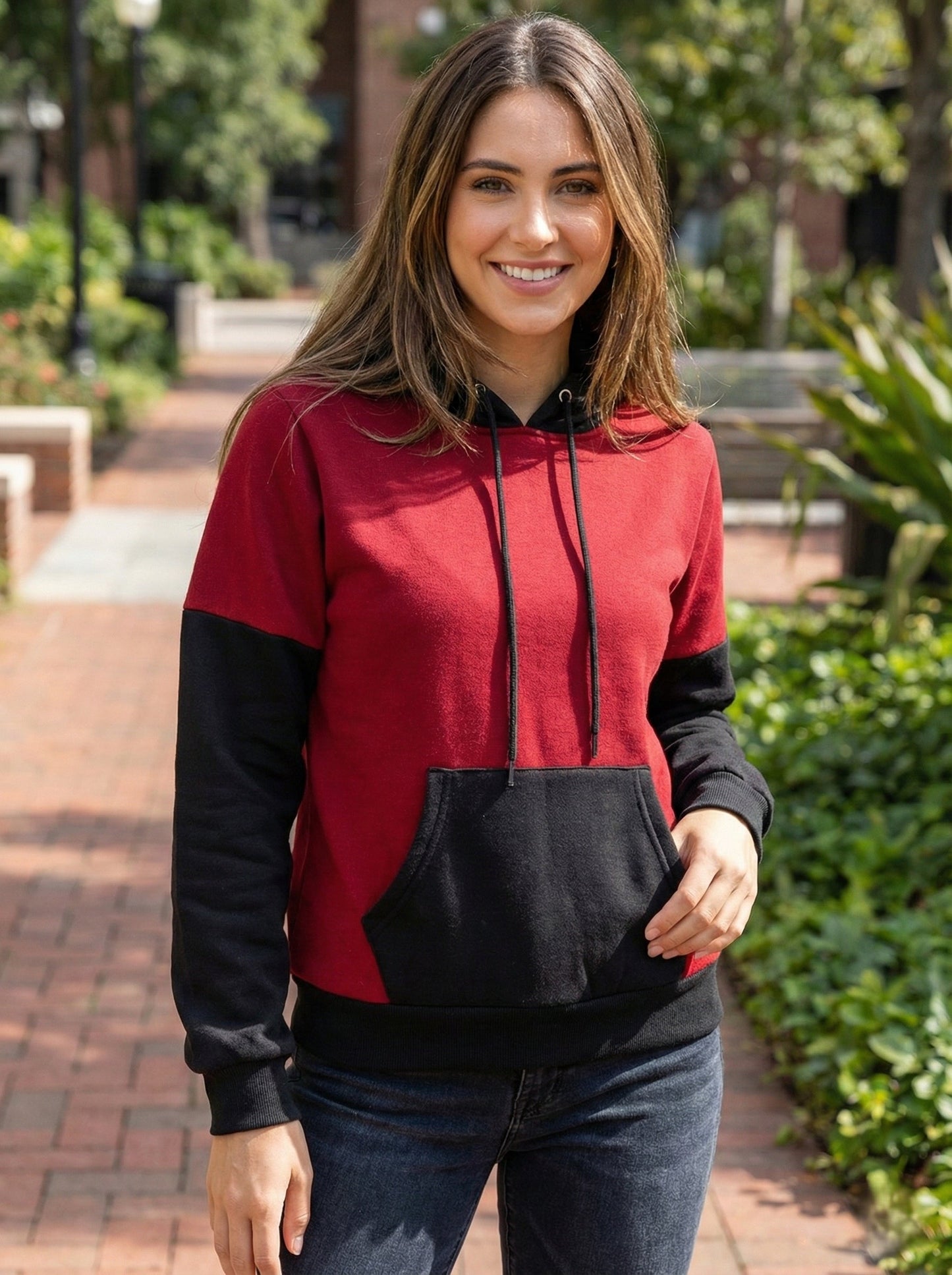 TANDUL Women Stylish Maroon and Black Hoodie