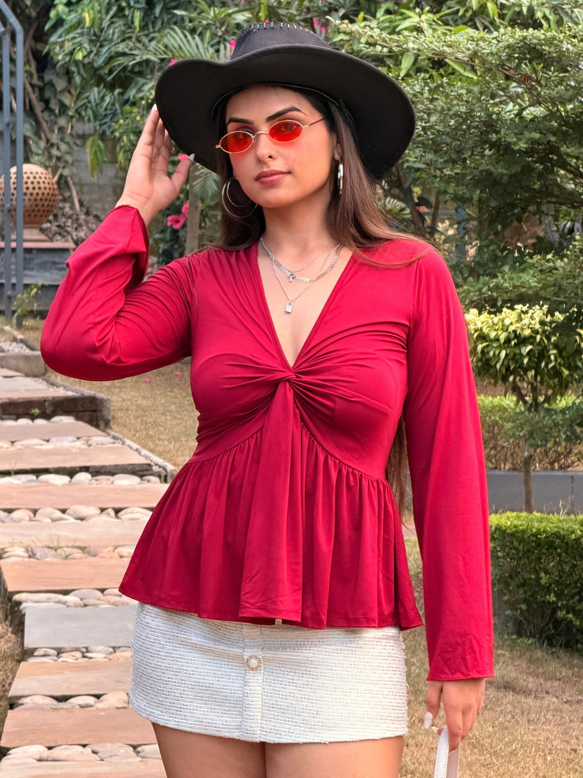 TANDUL Women Burgundy Twist-Front Peplum Top