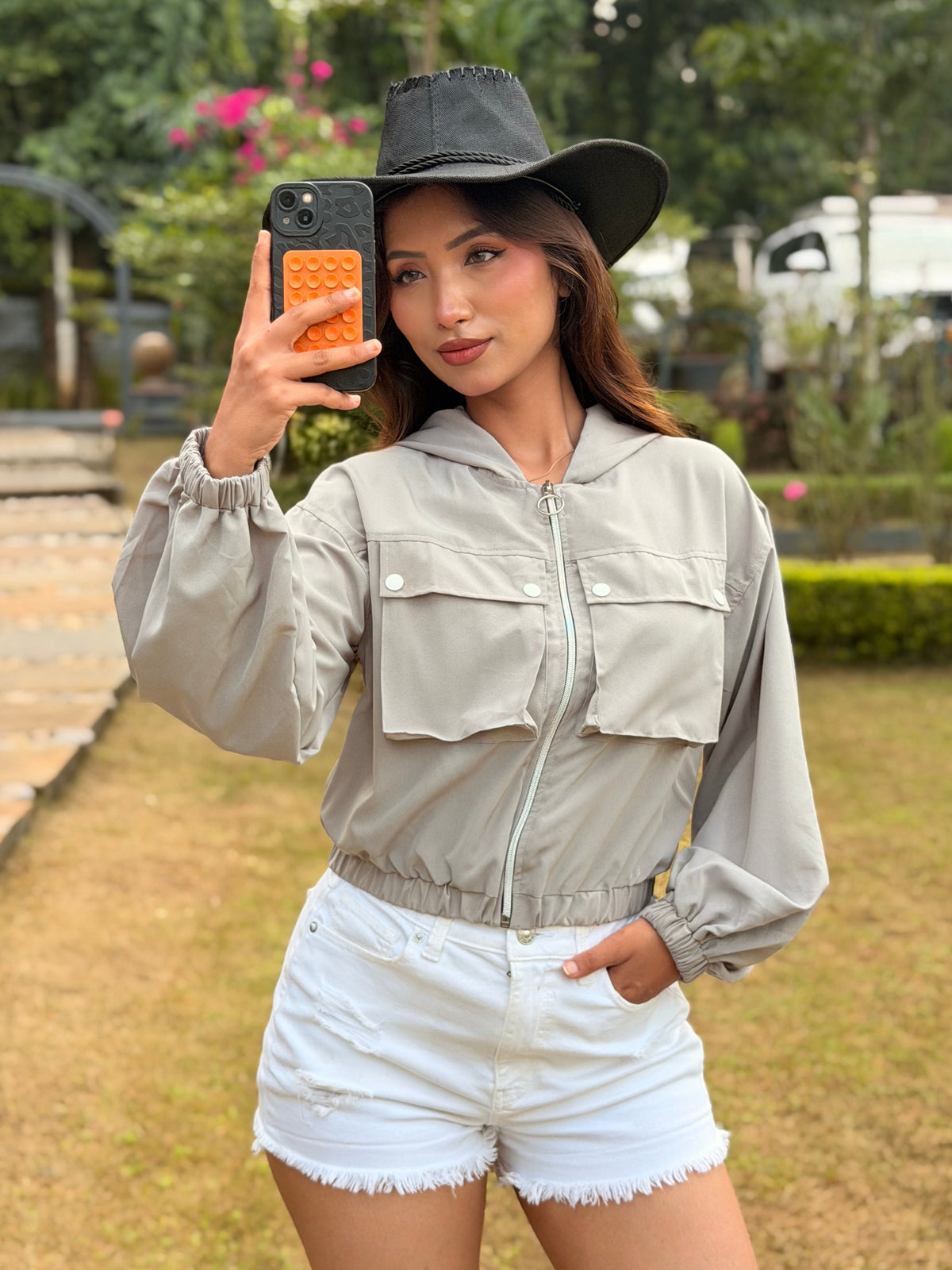 TANDUL Women Grey Cropped Windbreaker Jacket with Hood