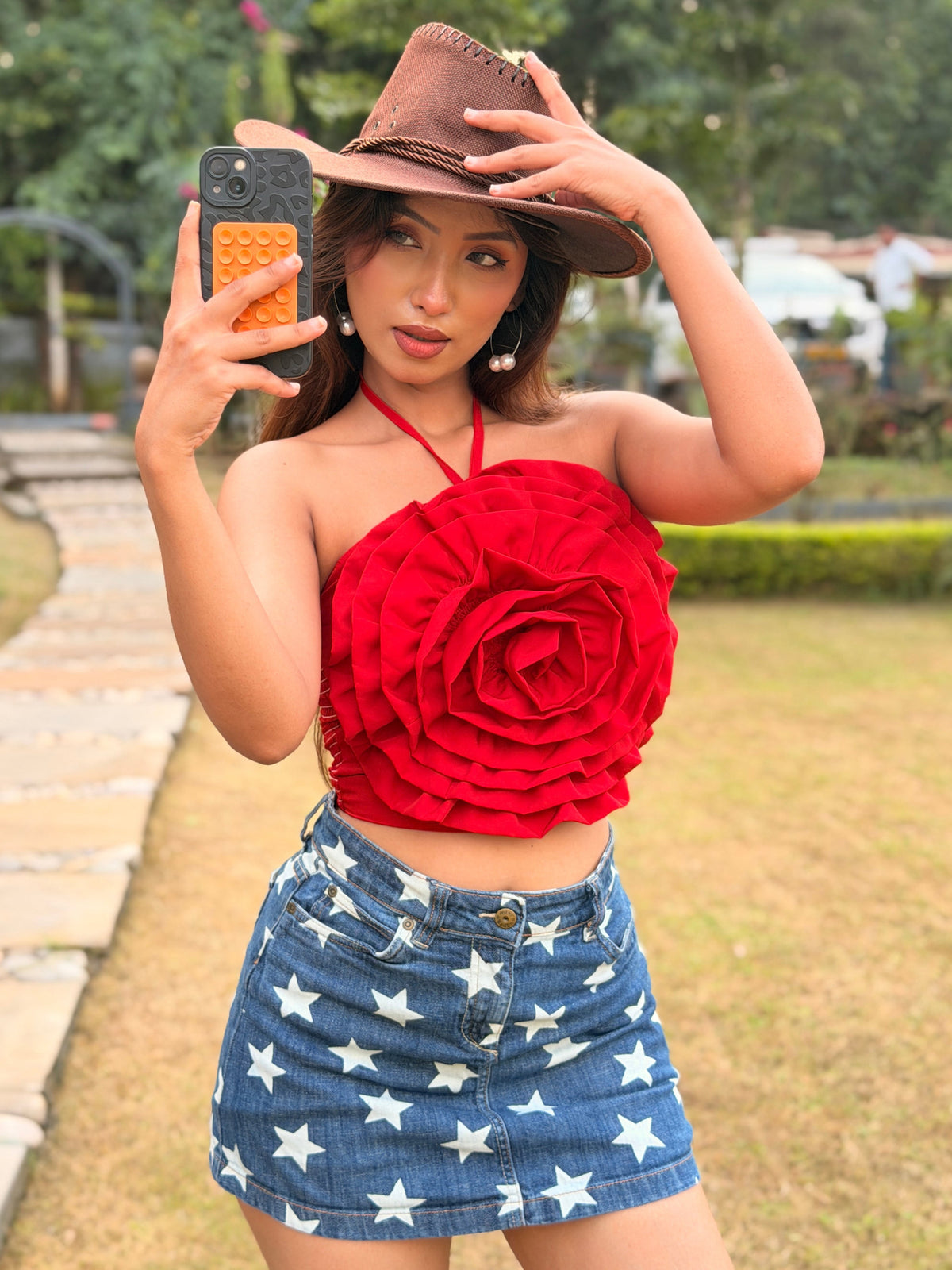 TANDUL Women Red Rose Petal Layered Evening Halter Top