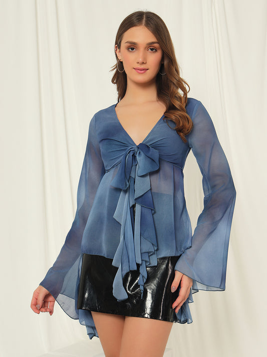 TANDUL  Casual Flared Sleeves Tie & Dye Women Blue Top