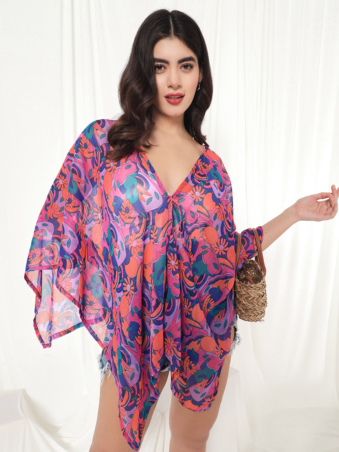 TANDUL  Women Kimono Style 3/4th Sleeve Multicolor Shrug