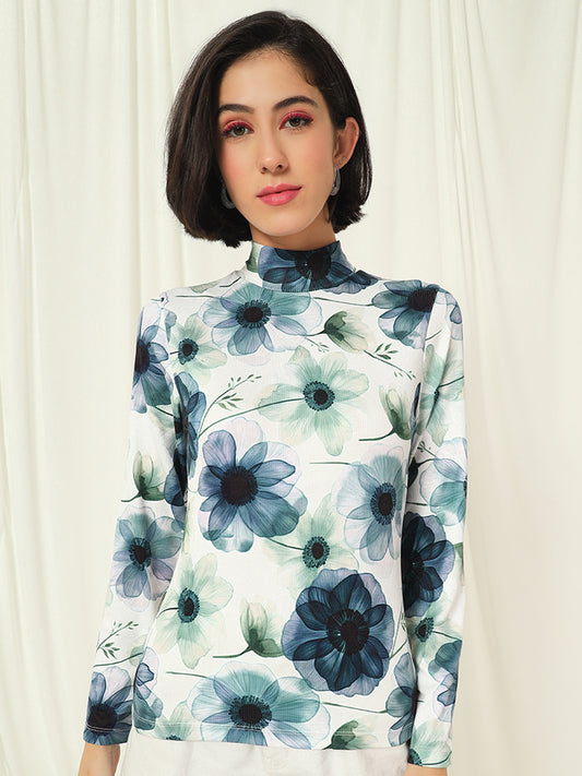 TANDUL  Women Floral Print High Neck White Sweater