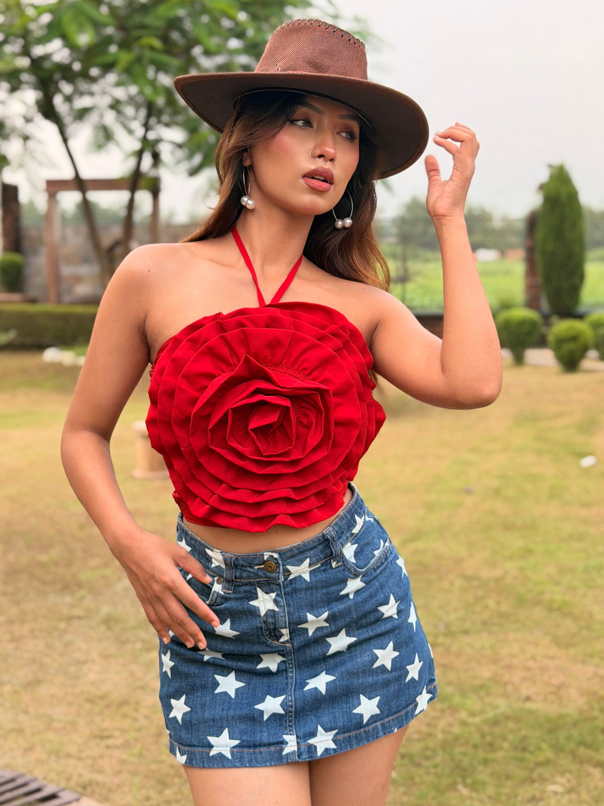 TANDUL Women Red Rose Petal Layered Evening Halter Top