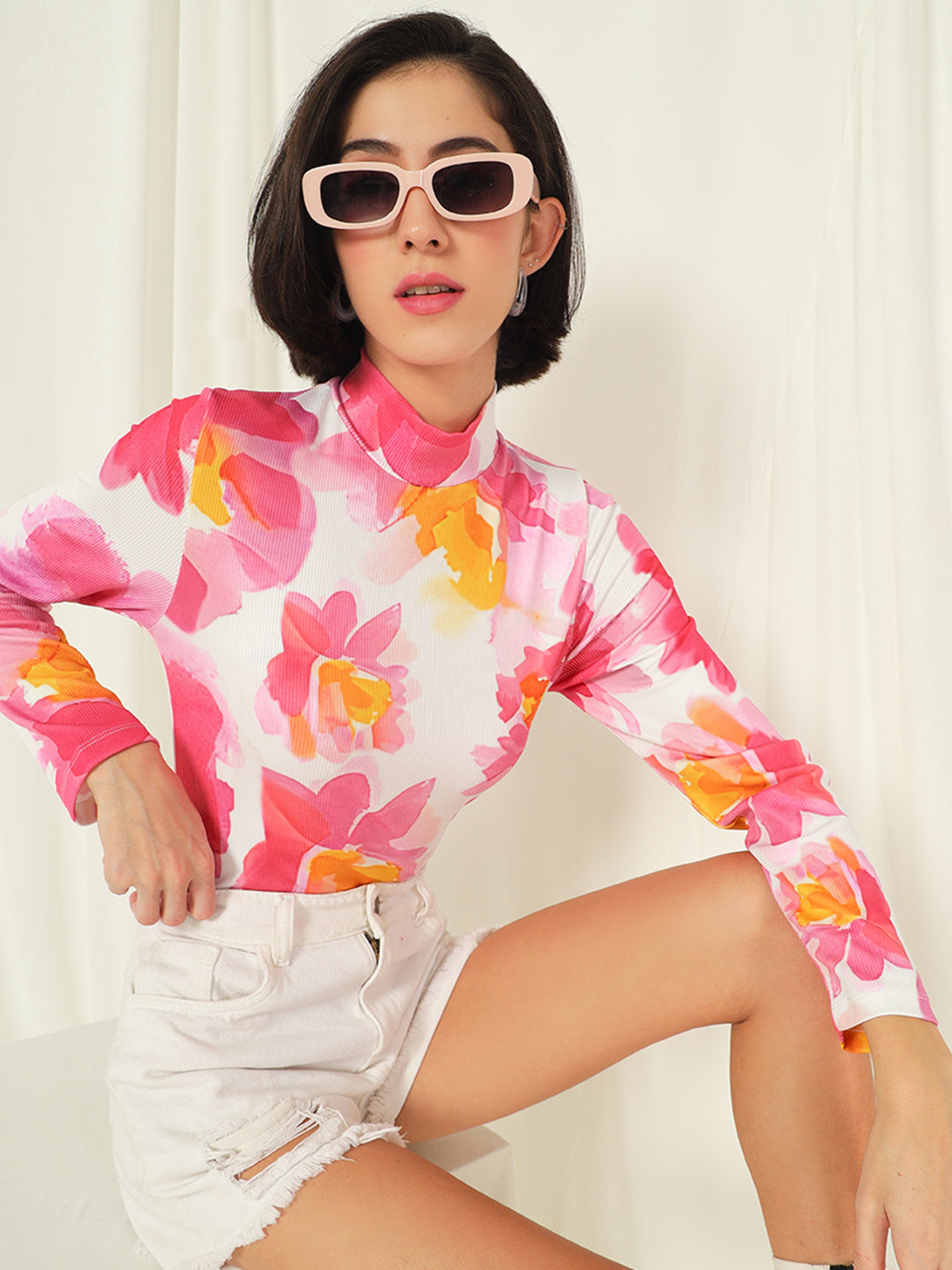 TANDUL  Women Floral Print High Neck White Sweater