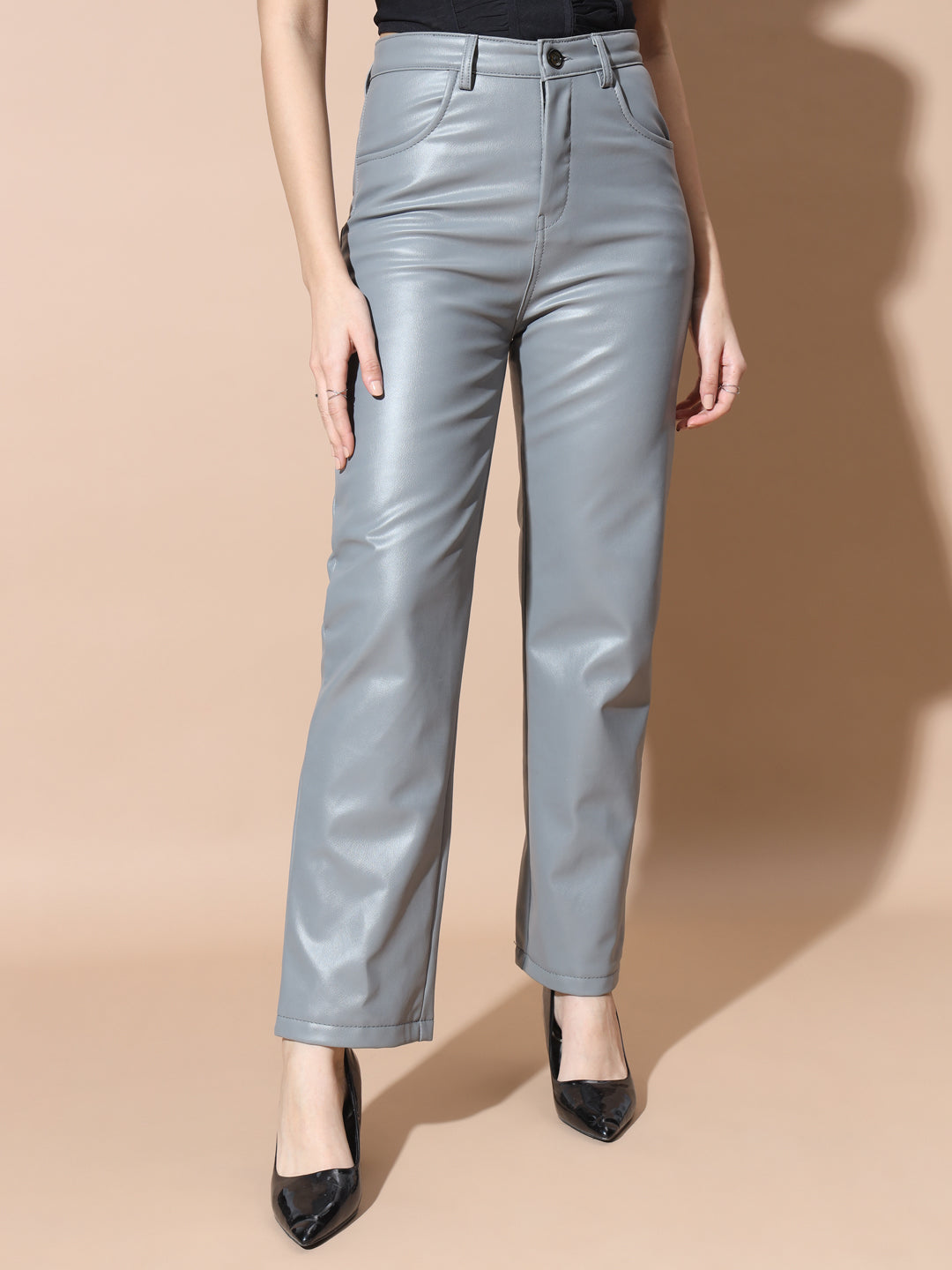 TANDUL Women Regular Fit Grey Faux Leather Trousers