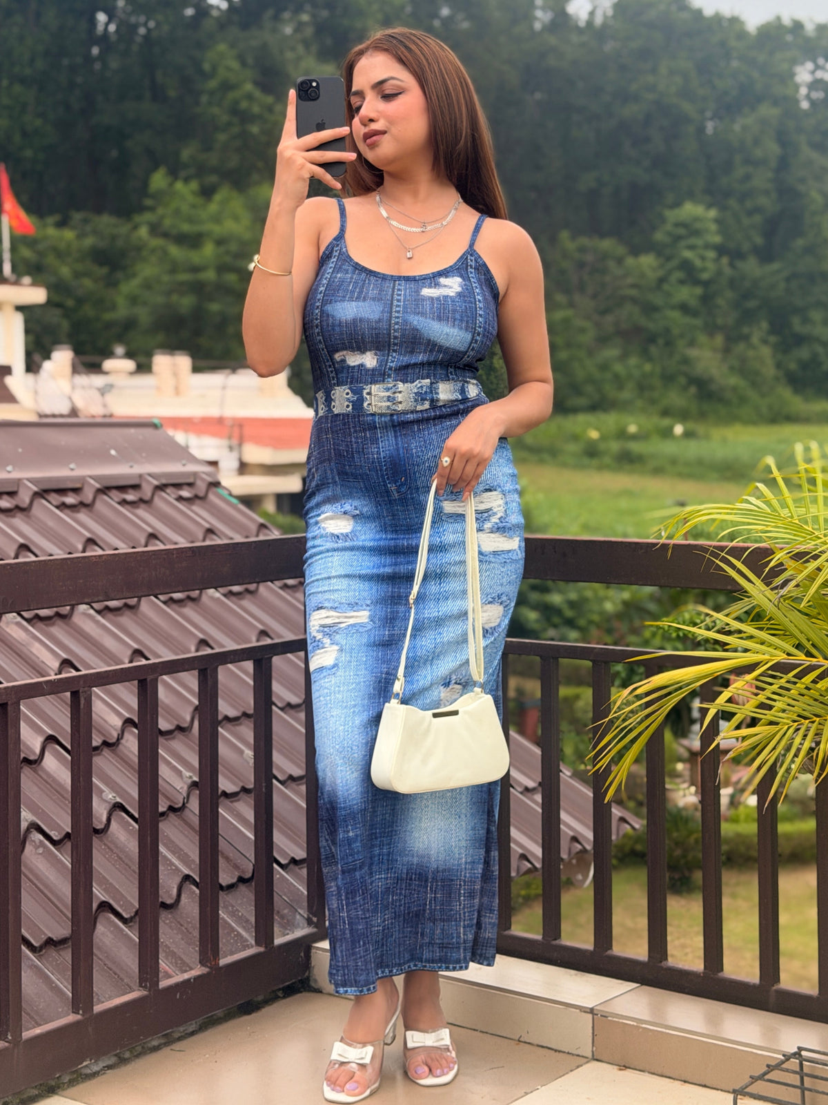 TANDUL Women Denim Print Trompe L'oeil Scoop Neck Maxi Dress