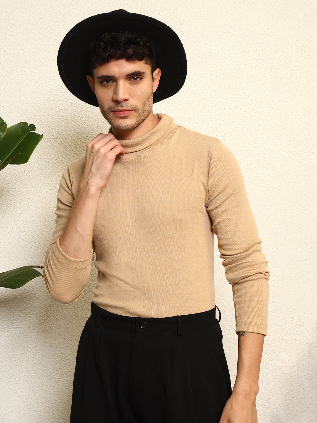 TANDUL Men Solid Turtle Neck Beige Sweater