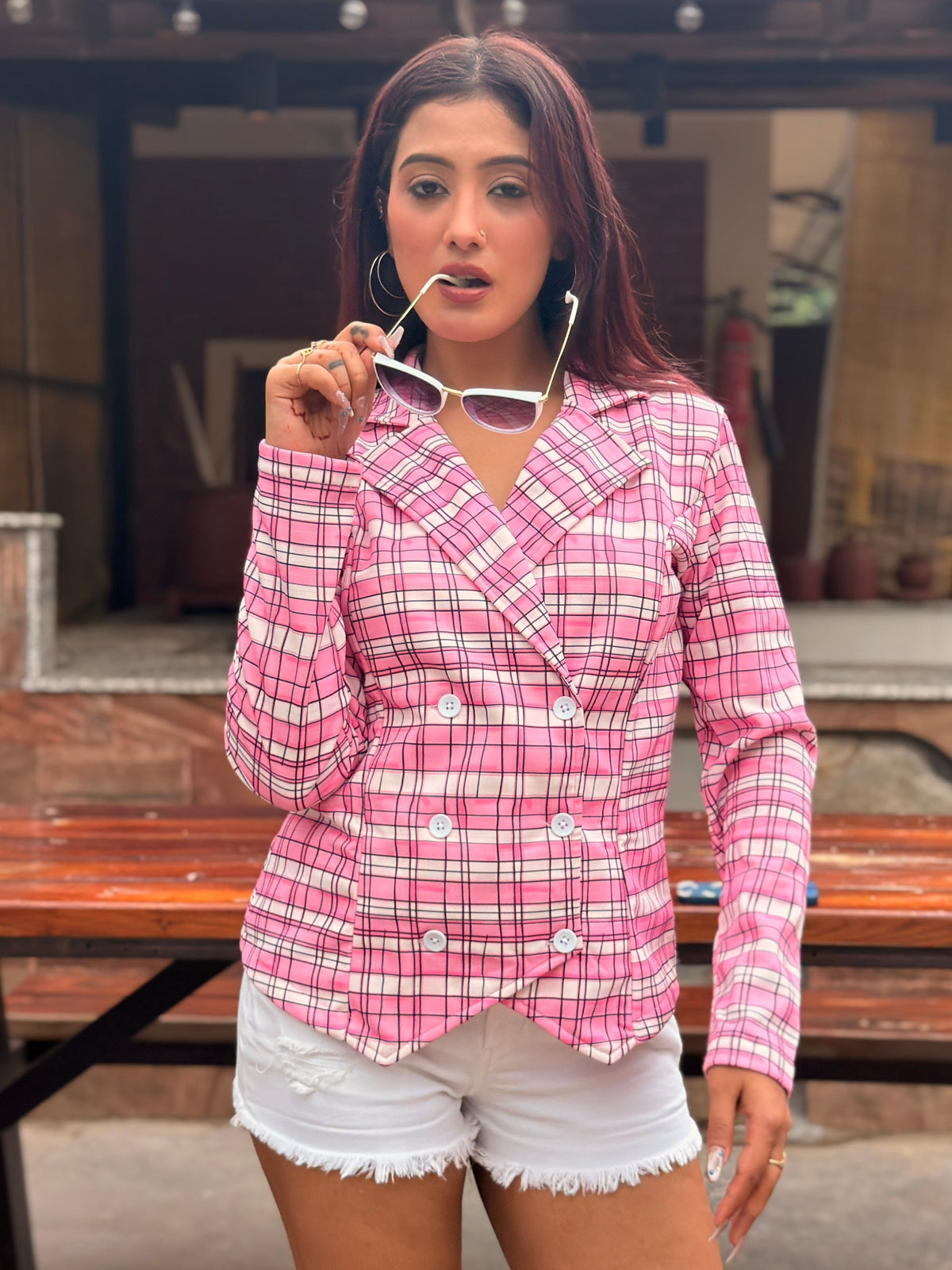 TANDUL Women Pink and White Plaid Double-Breasted Blazer