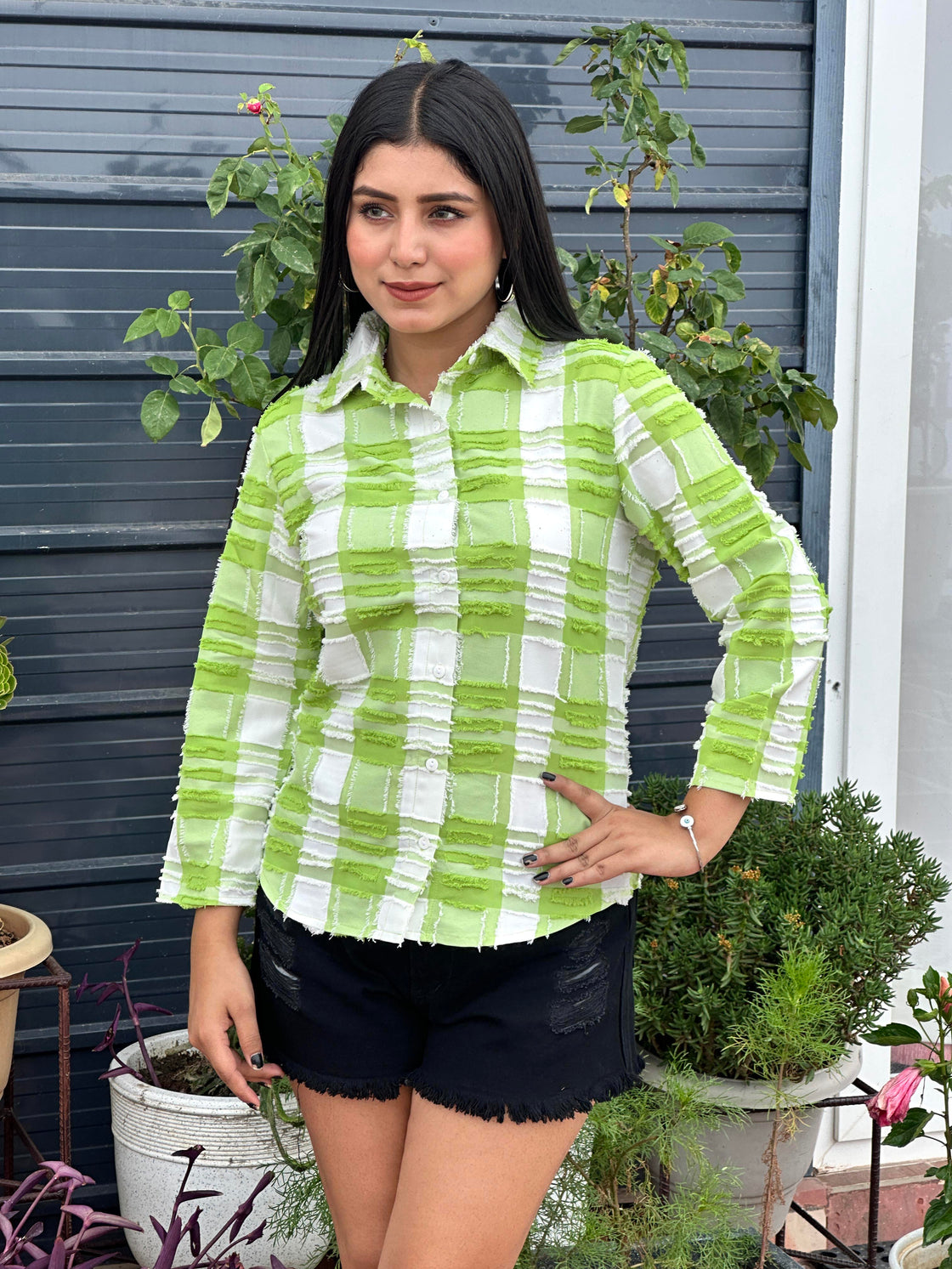 TANDUL Women Green and white Plaid Shirt