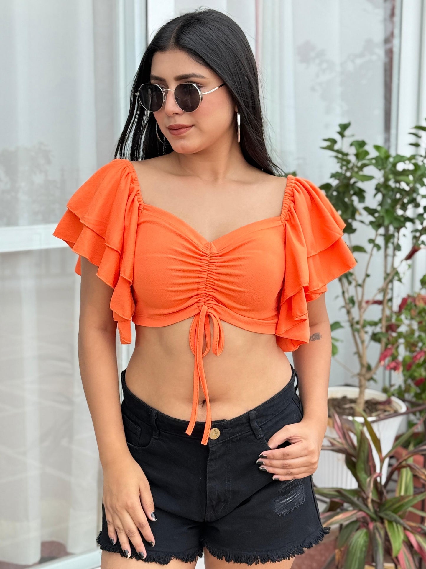 TANDUL Women Orange Top with Ruffled Sleeves