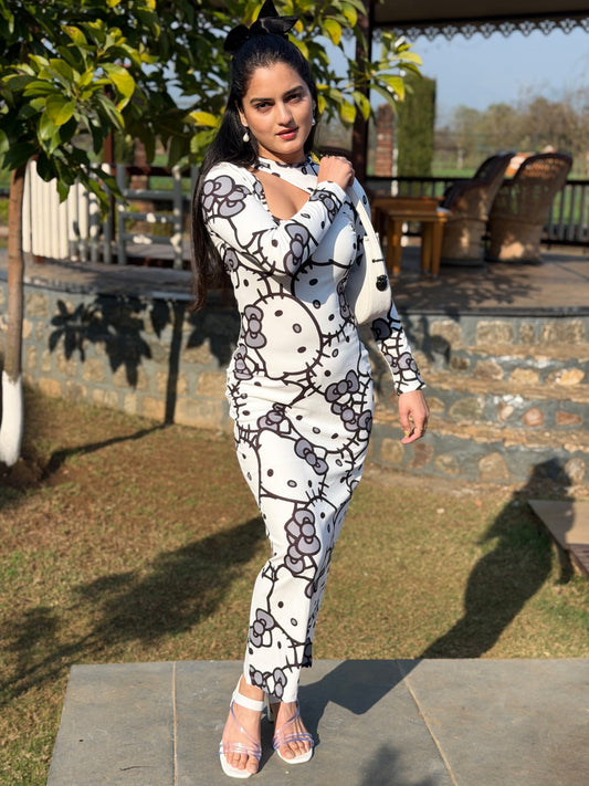 TANDUL White Kitty Printed Bodycon Dress