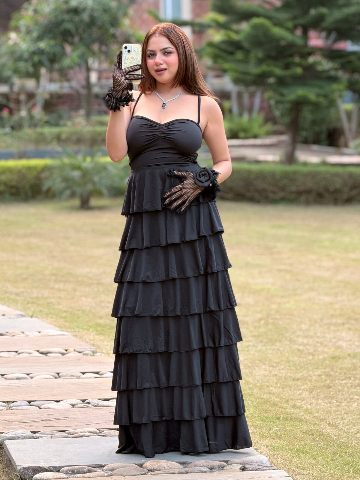 TANDUL Women's Black Tiered Ruffle Maxi Dress