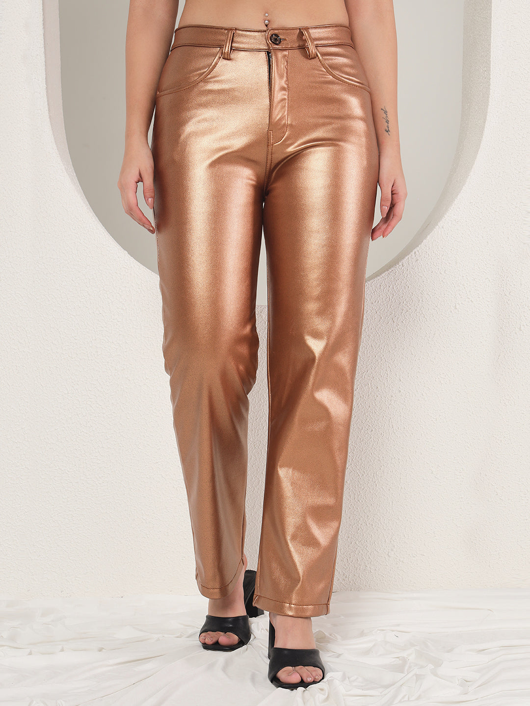 TANDUL  Women Regular Fit Gold Faux Leather Trousers