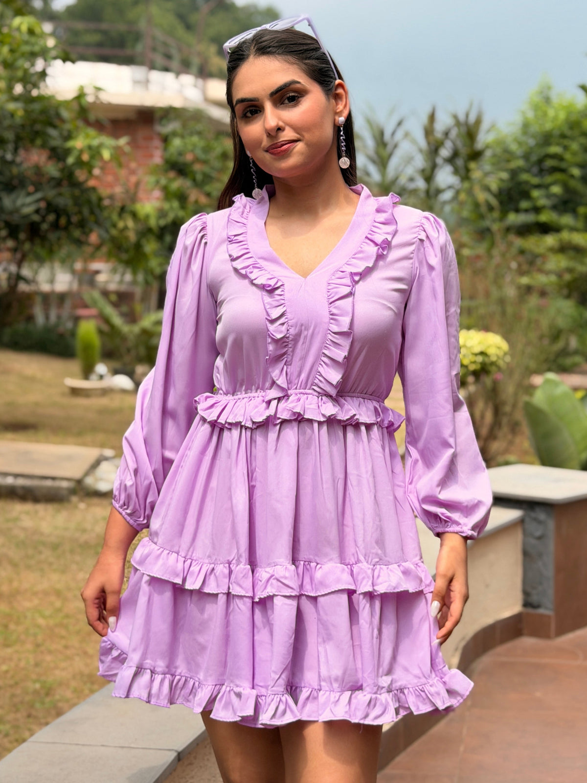 TANDUL Women Lilac Tiered Frill Babydoll Mini Dress