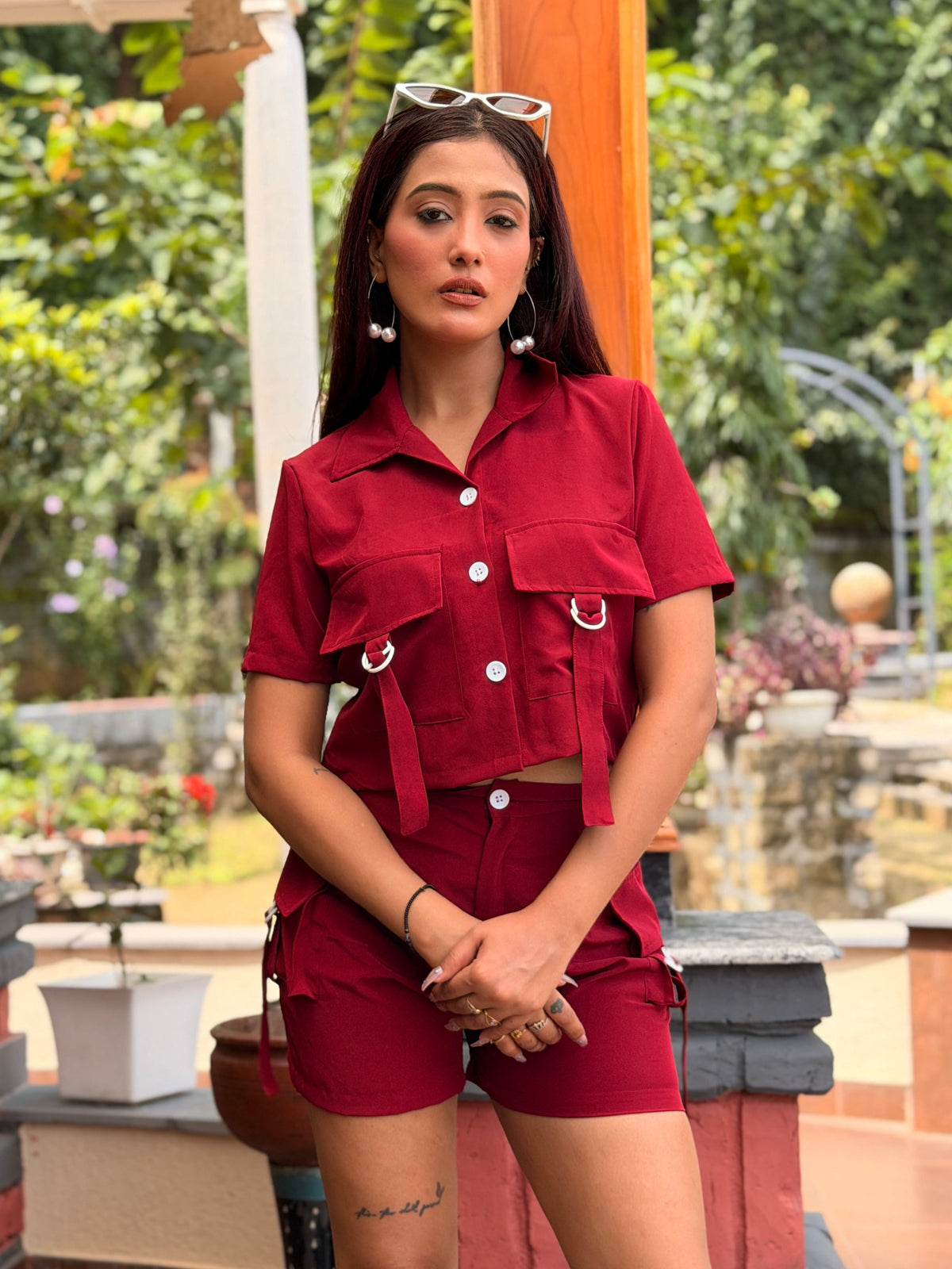 TANDUL Women's Burgundy Cargo Crop Shirt and Shorts Co-ord Set