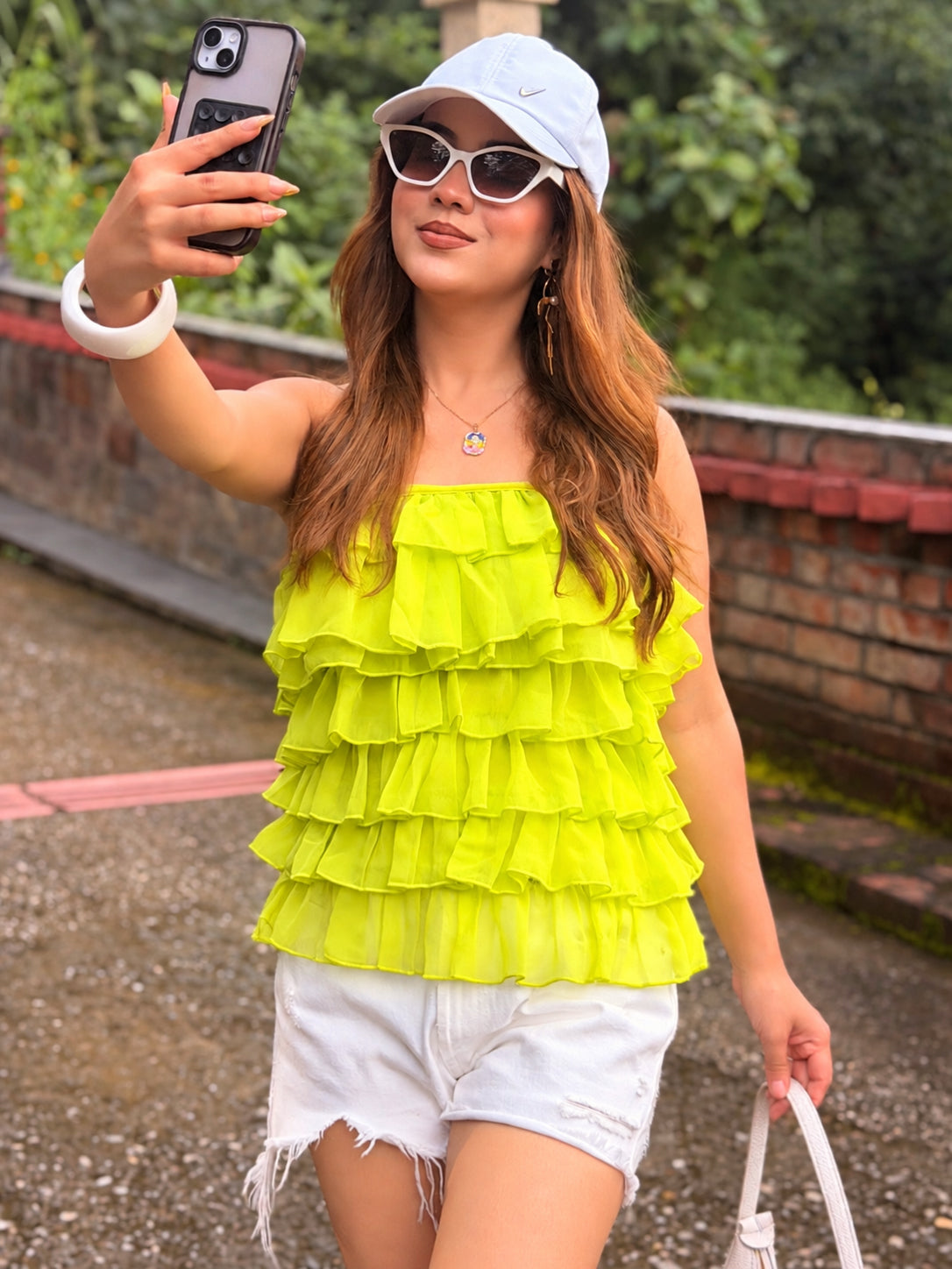 TANDUL Women Vibrant Ruffled Neon Green Top