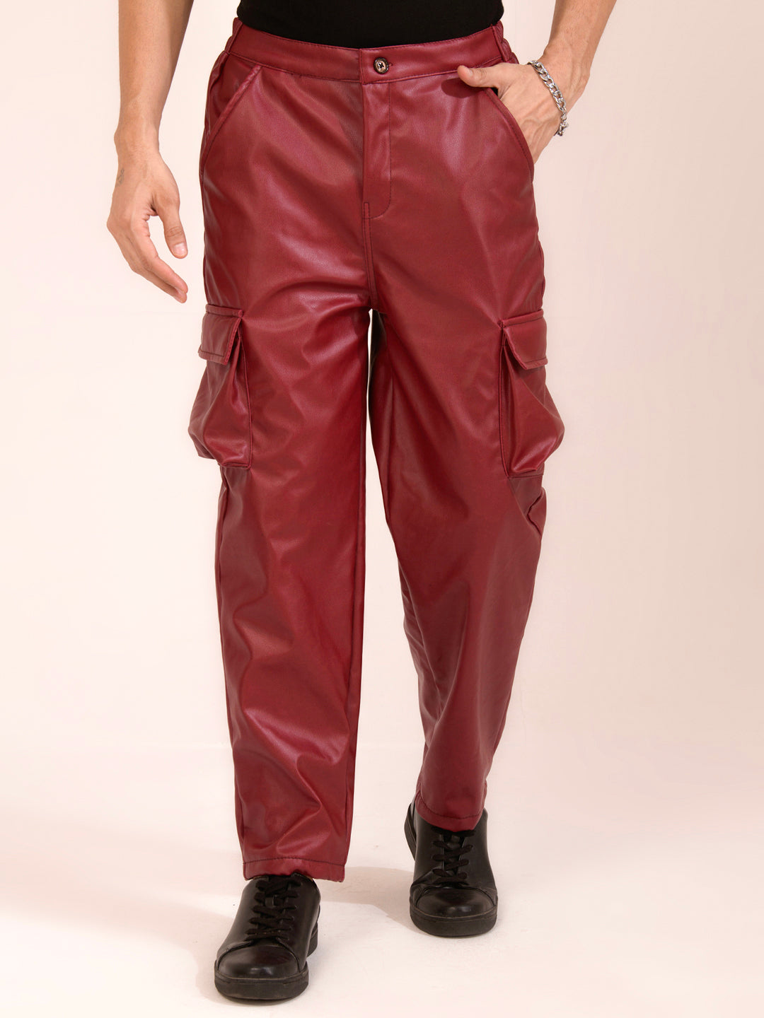 TANDUL  Men Regular Fit Maroon Faux Leather Trousers