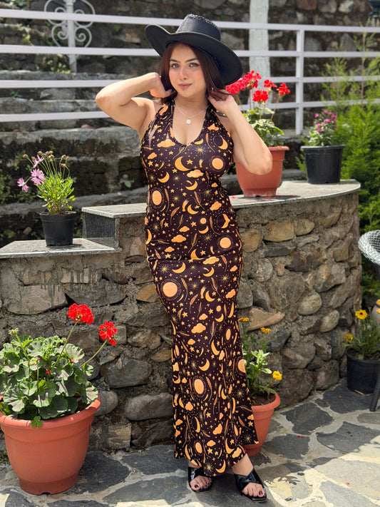 TANDUL Women Black and orange Neck Tie up Maxi Dress