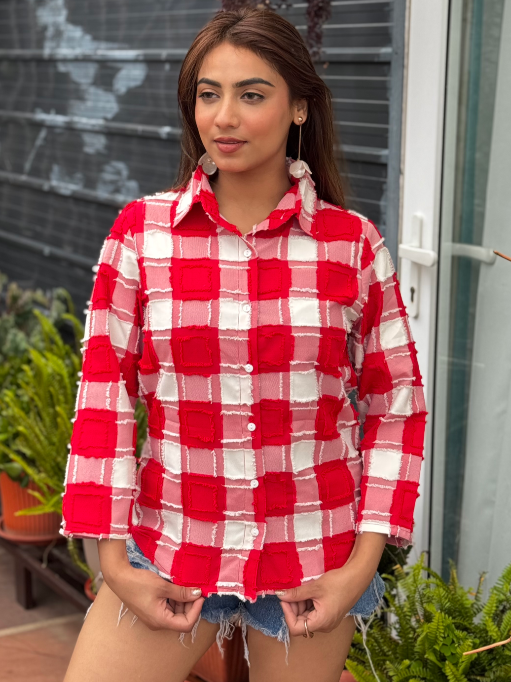 TANDUL Women Red and white Plaid Shirt