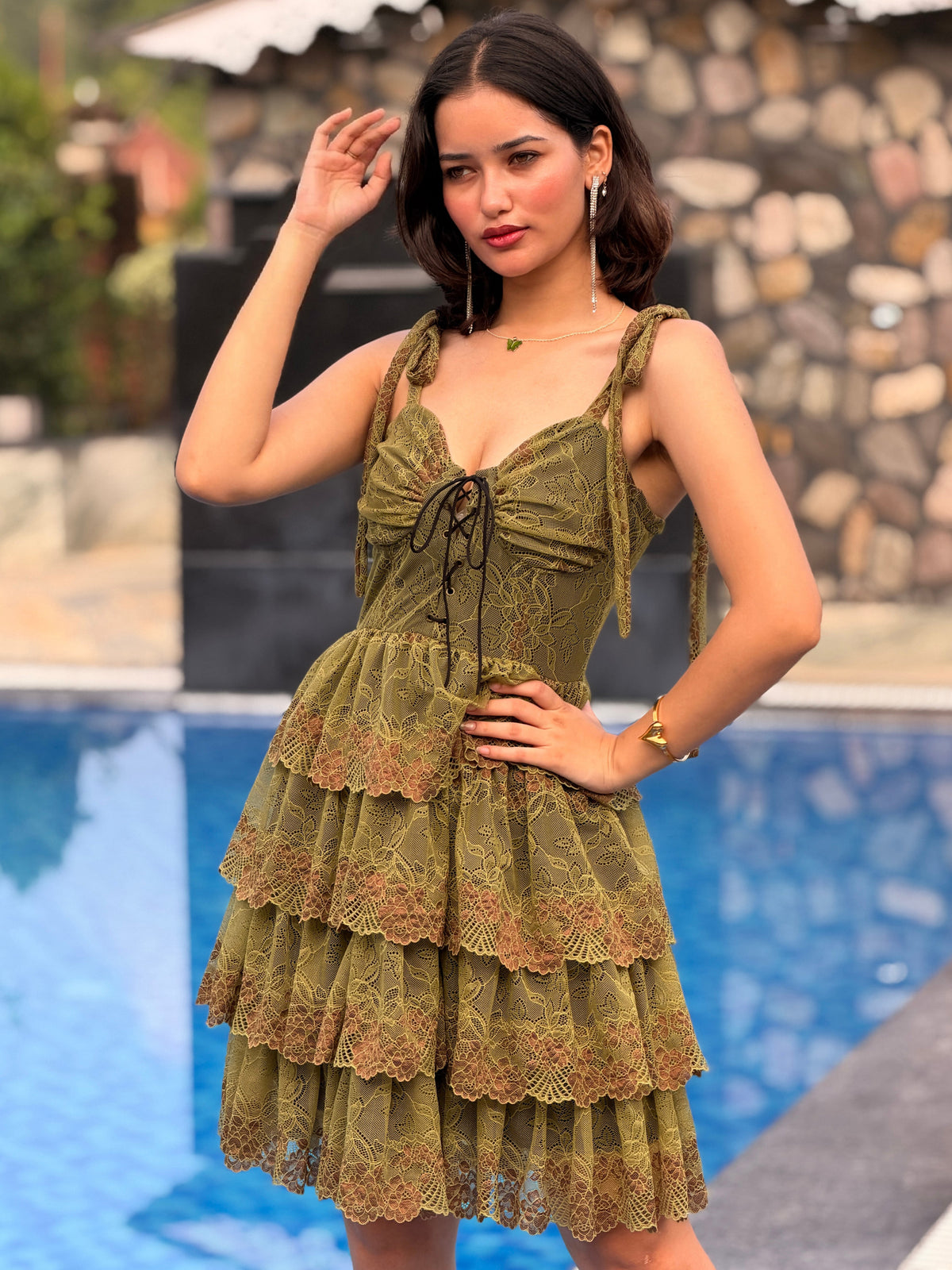 TANDUL Women Fairycore Olive Green Lace Mini Dress