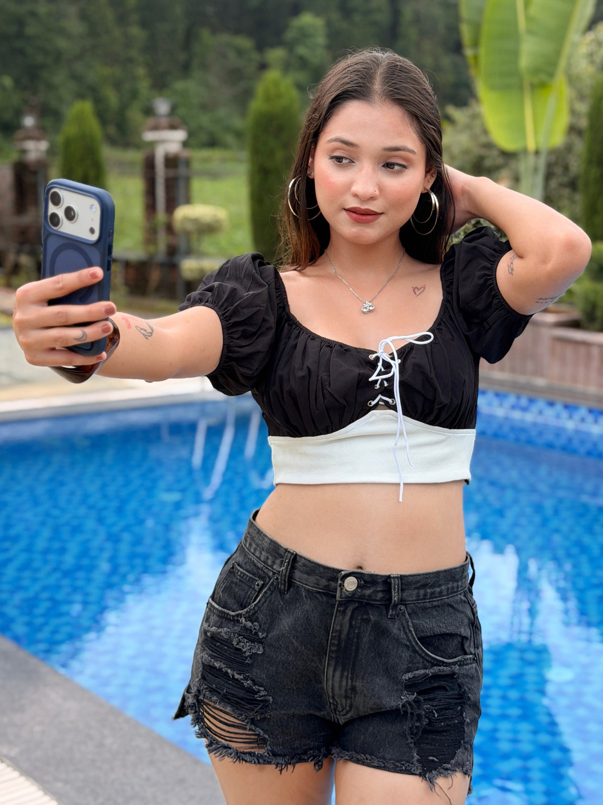 TANDUL Women Monochrome Lace-Up Crop Top