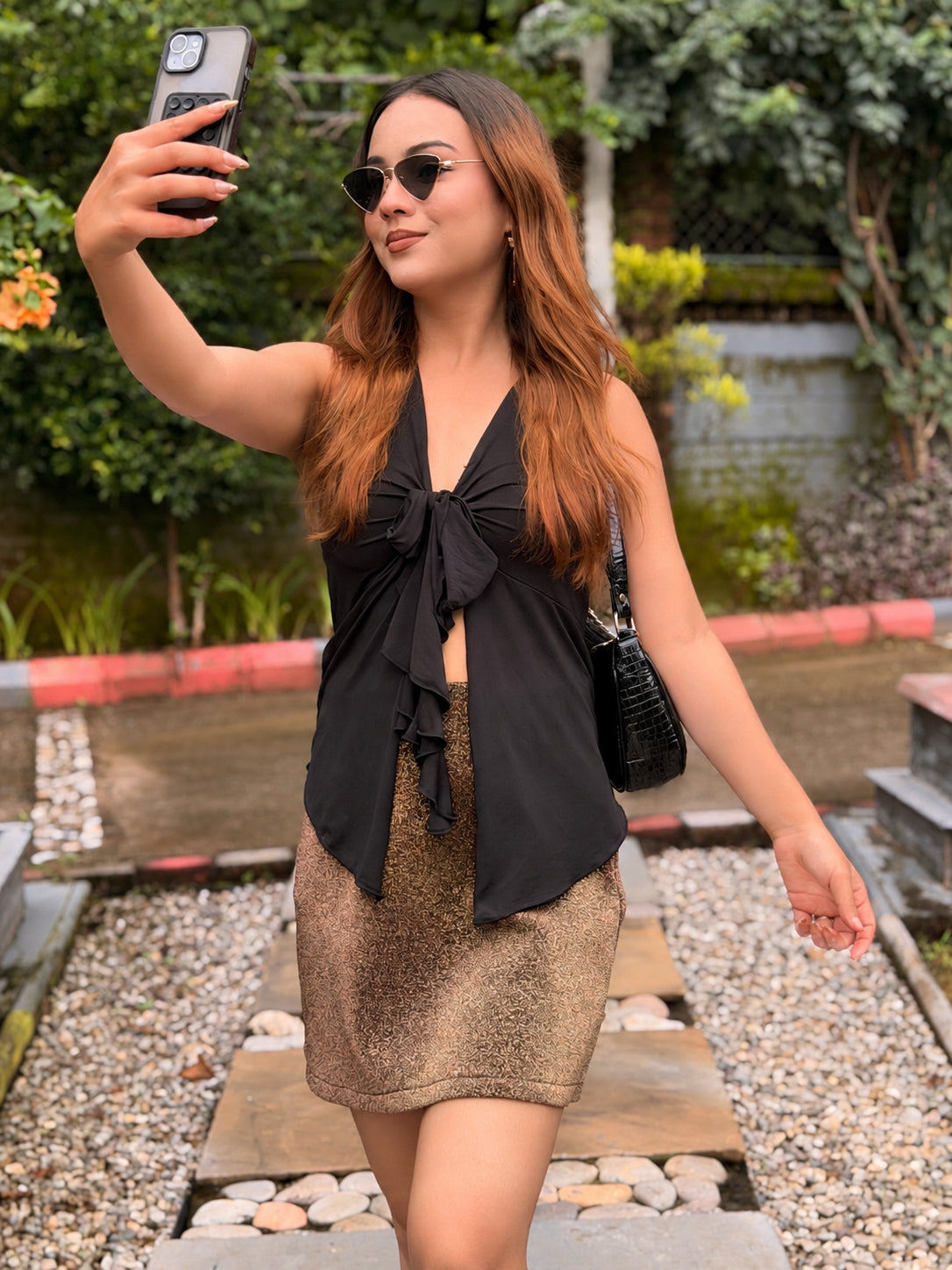 TANDUL Women Haulter Neck Black Ruffle Top