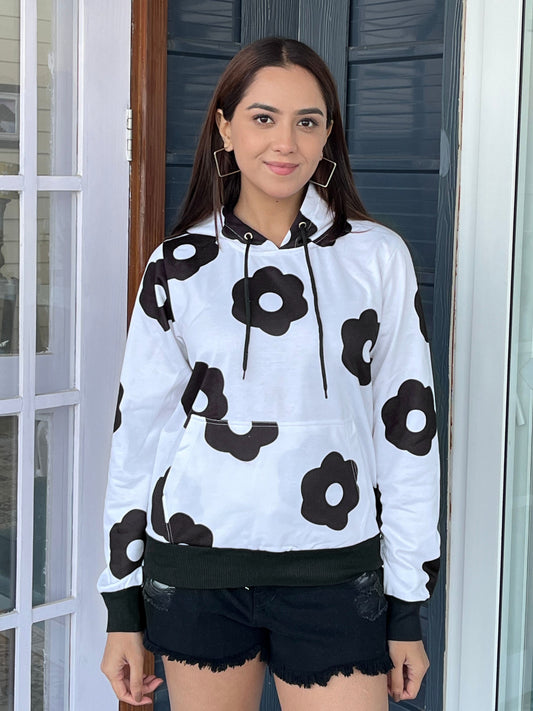 TANDUL Women Black and White Floral Hoodie