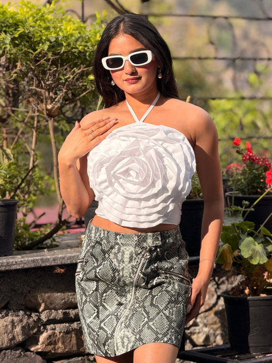 TANDUL Women White Rose Tie Up Neck Top