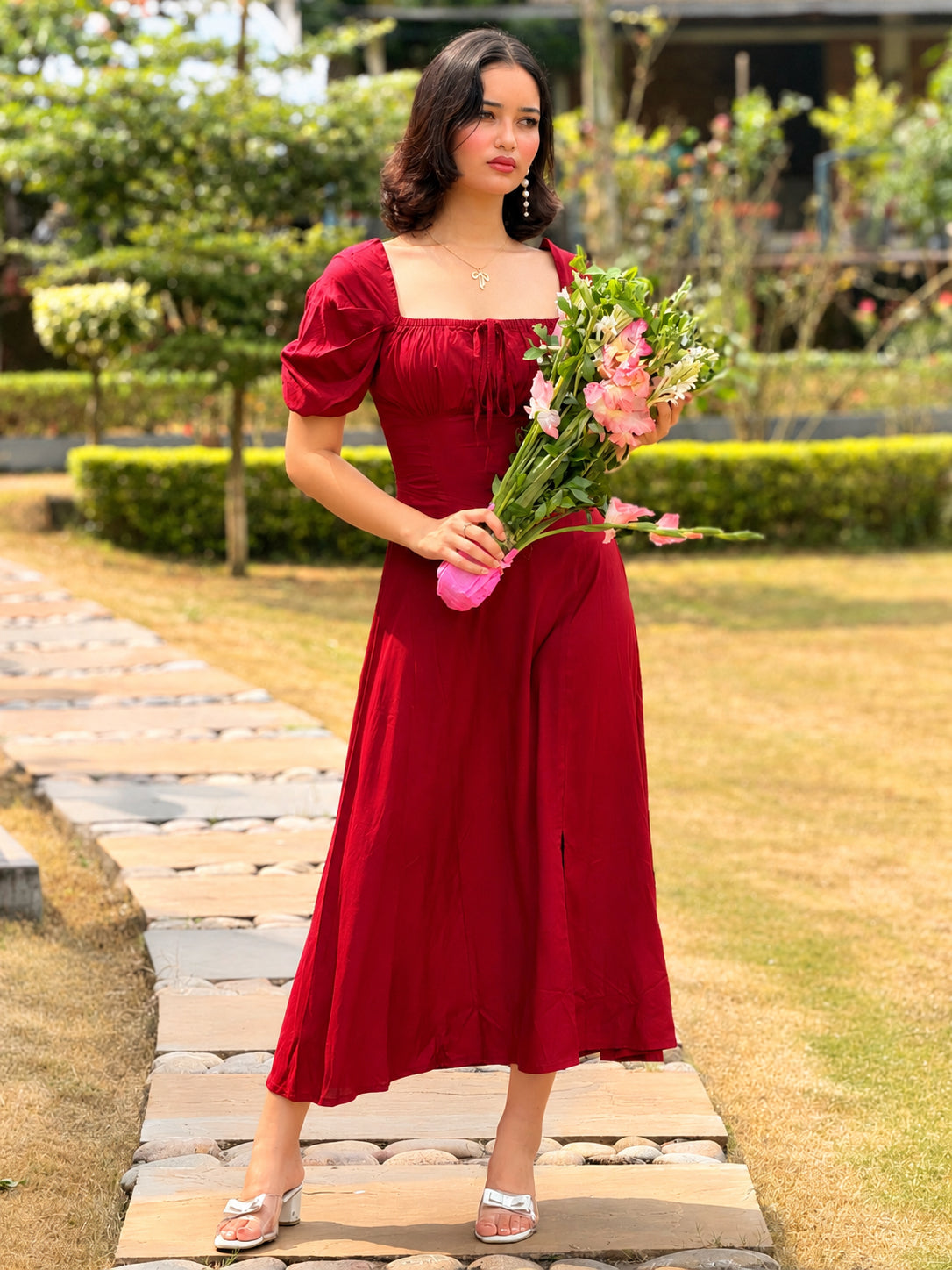 TANDUL Women Maroon Lace-Up Corset Milkmaid Midi Dress