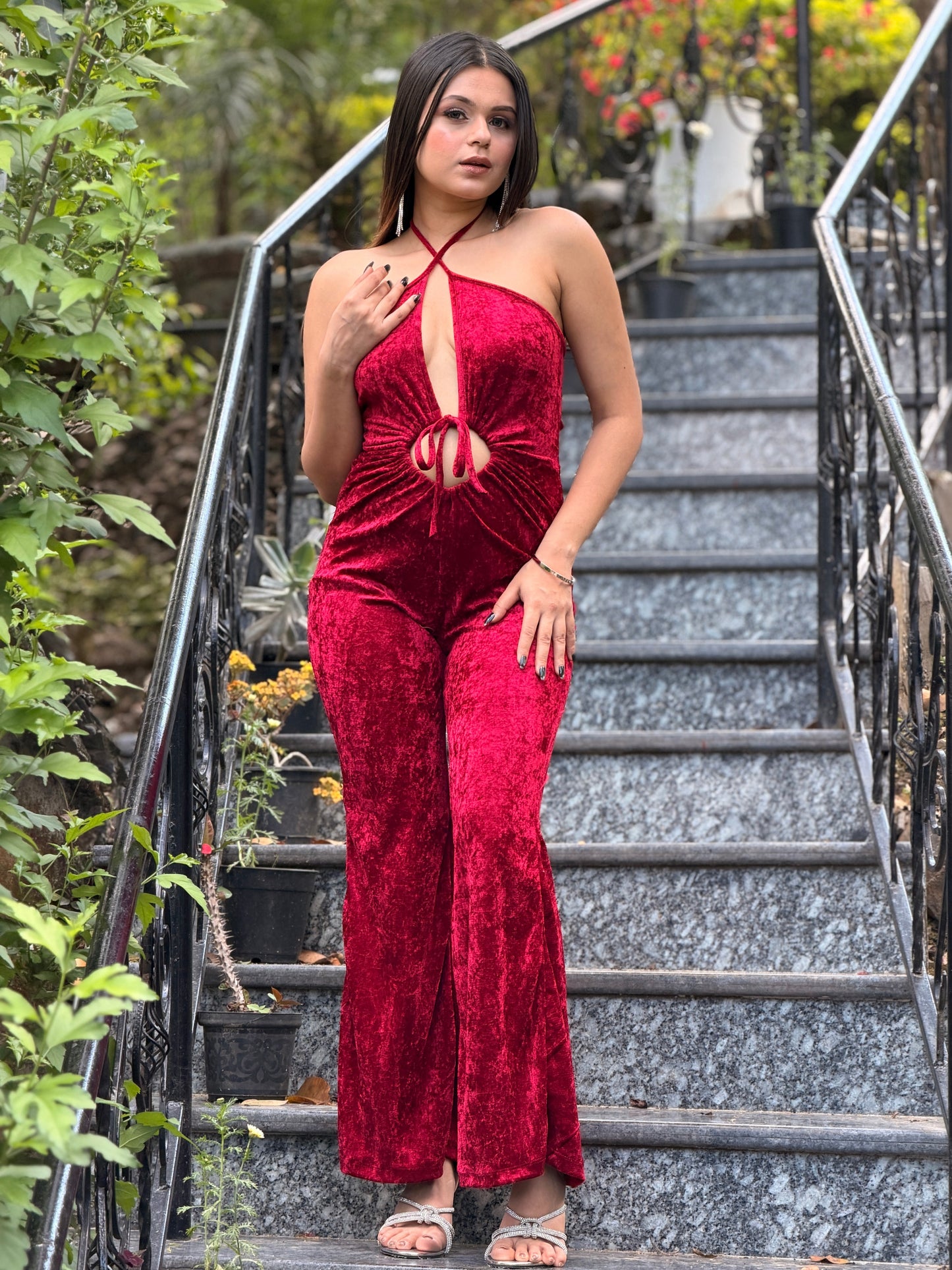 TANDUL Women Elegant Maroon Velvet Jumpsuit