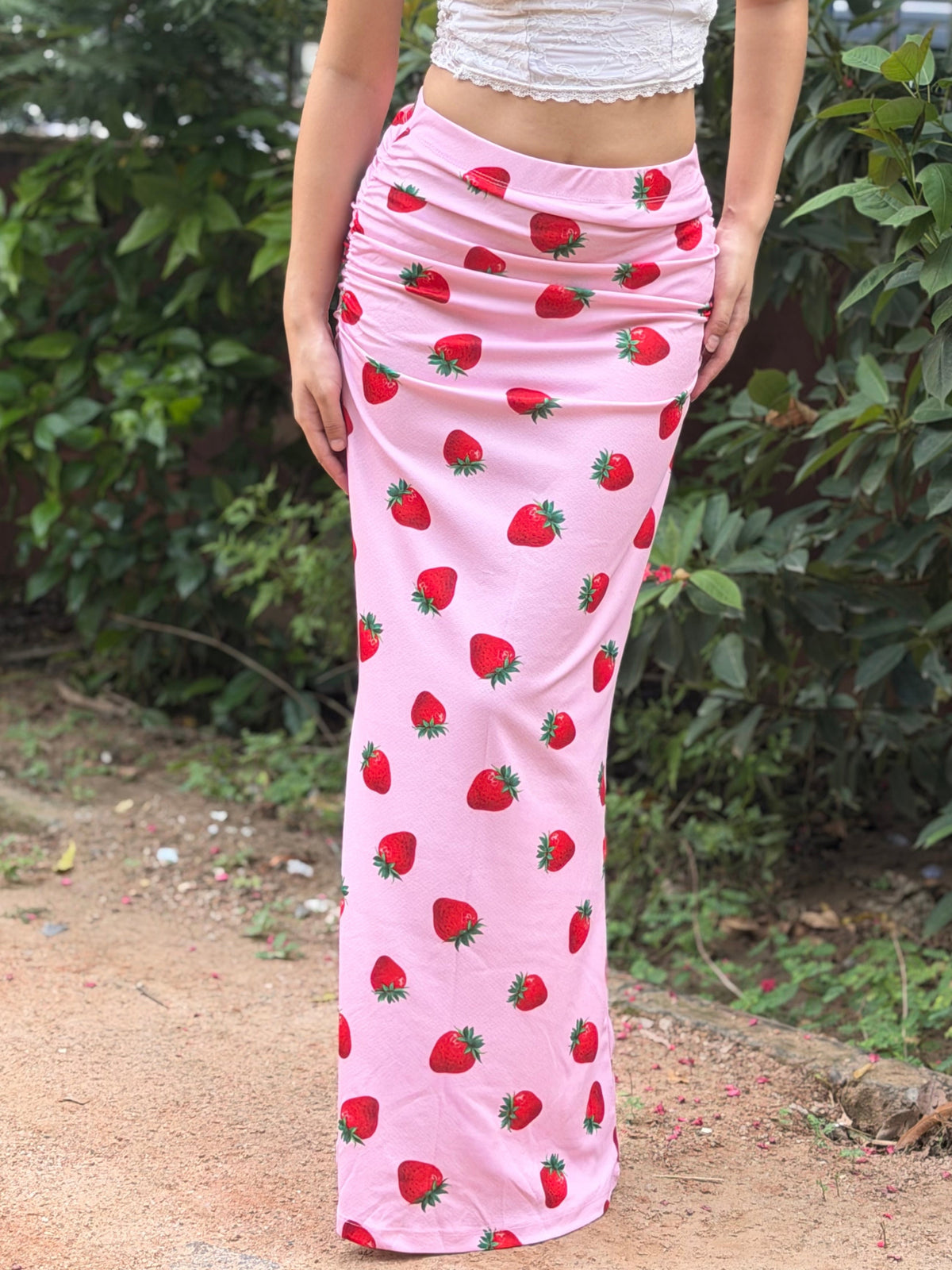 TANDUL Women Pastel Pink Strawberry Bodycon Maxi Skirt