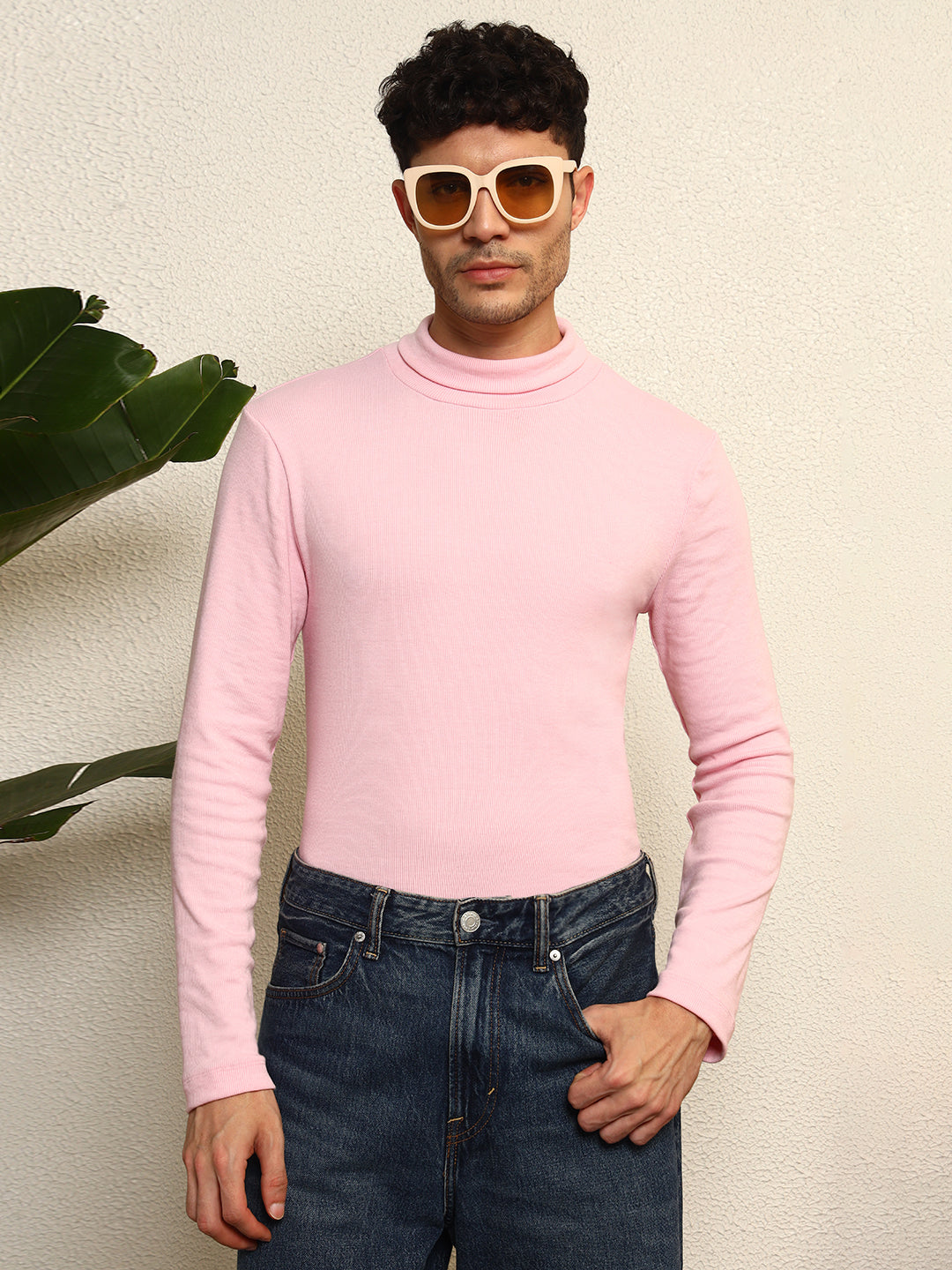 TANDUL  Men Solid Turtle Neck Pink Sweater
