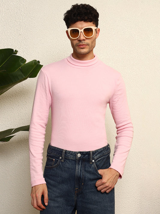 TANDUL  Men Solid Turtle Neck Pink Sweater
