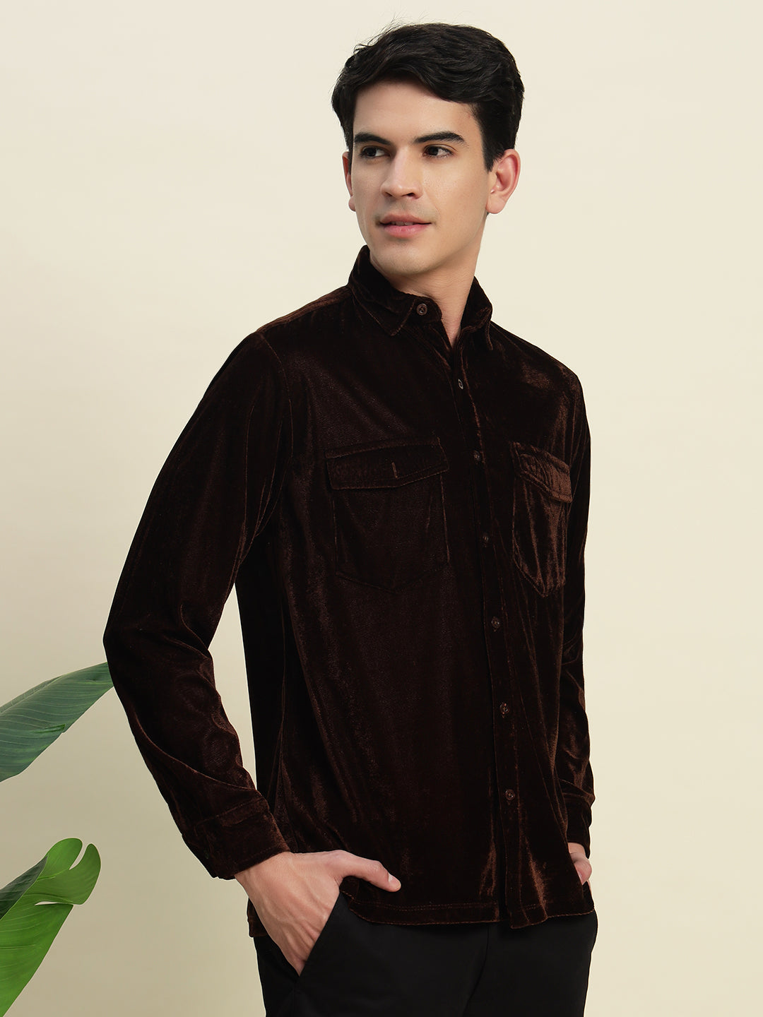 TANDUL Men's Brown Velvet Shirt