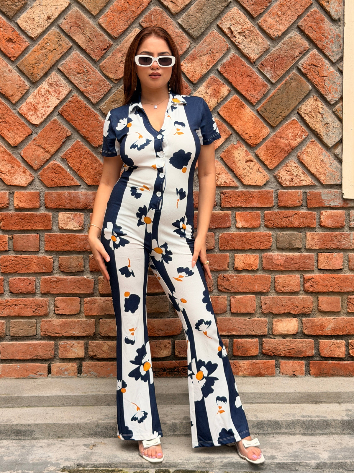 TANDUL Women Daisy Dream Short-Sleeve Wide Leg Jumpsuit