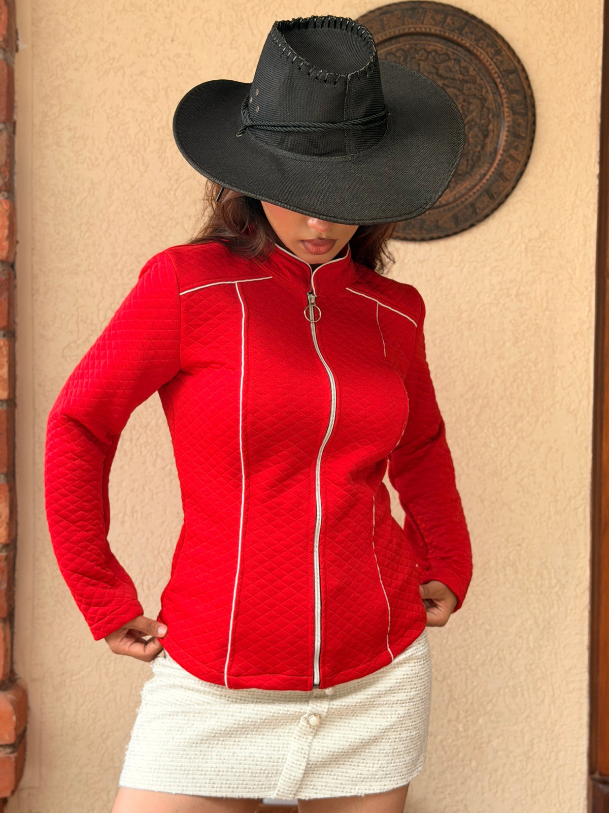 TANDUL Women Quilted Diamond-Stitch Red Zip-Up Jacket