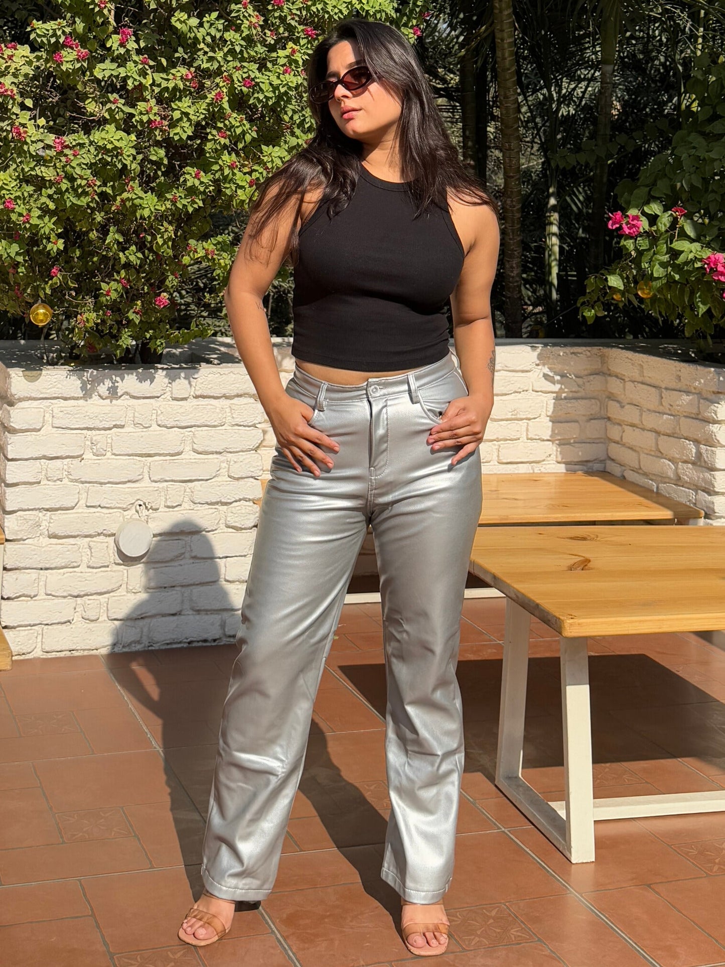 TANDUL  Women Regular Fit Silver Faux Leather Trousers