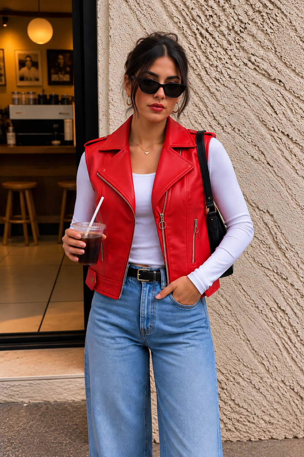TANDUL Women Vibrant Red Sleeveless Faux Leather Jacket